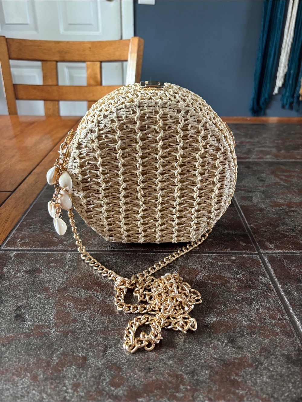 Haute Hippie Natural Woven Round Mini Crossbody with Shell Charms